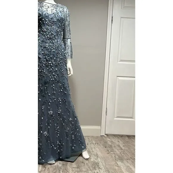 Theia Flounce Sleeve 3-D Embroidered and Beaded  Dusty Blue Gown Size 2 - Picture 9 of 14